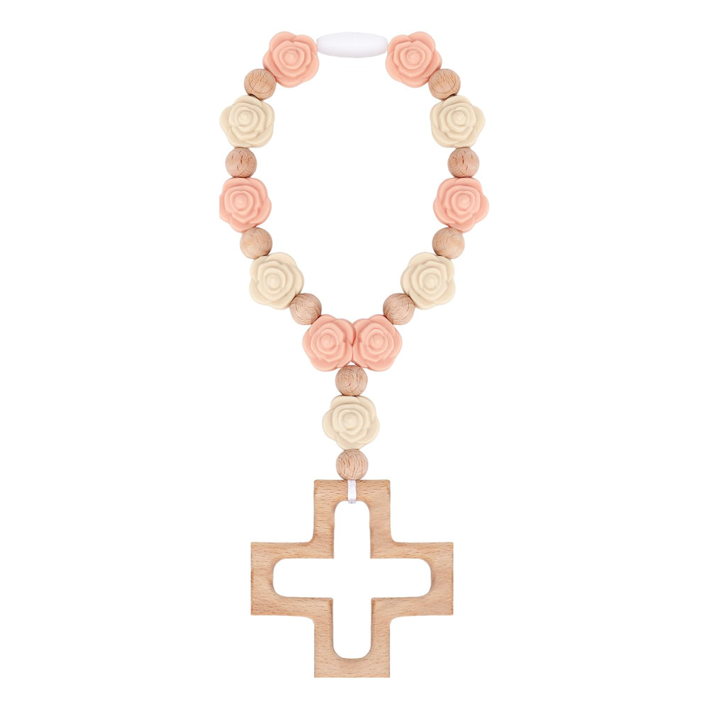 HrEtngiz silicone cross bracelet pink roses close-up, soft everyday faith reminder.