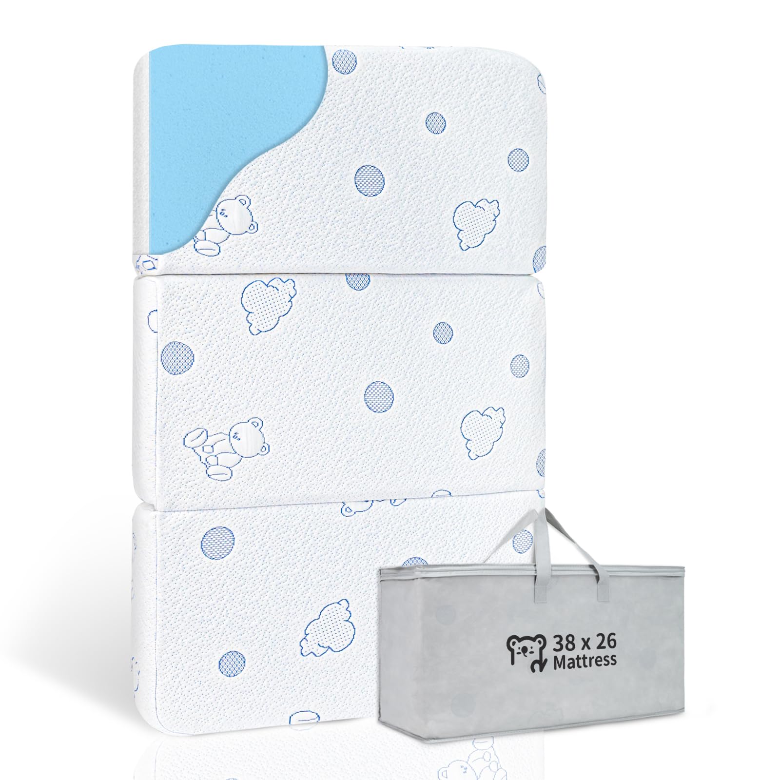 HREVAI Pack and Play Mattress folded in carry bag for travel and storage