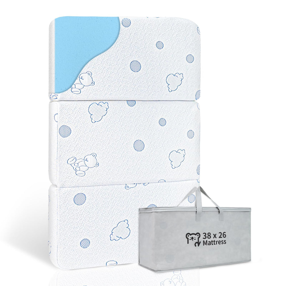 HREVAI Pack and Play Mattress folded in carry bag for travel and storage