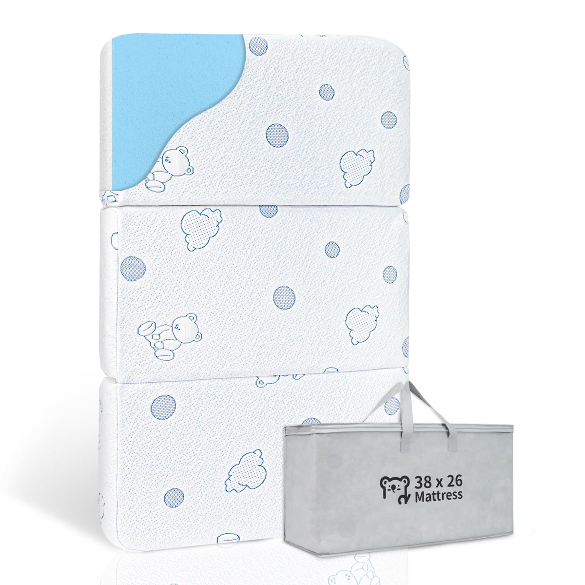 HREVAI Pack and Play Mattress folded in carry bag for travel and storage