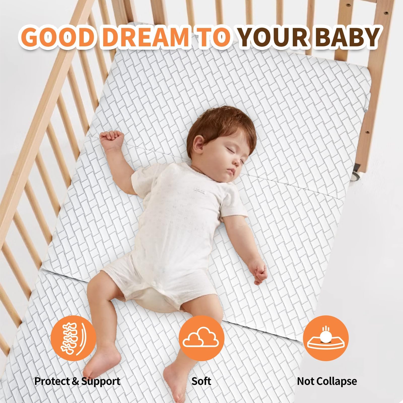 HREVAI Pack N Play Mattress cooling foam detail emphasizes spine-friendly support.