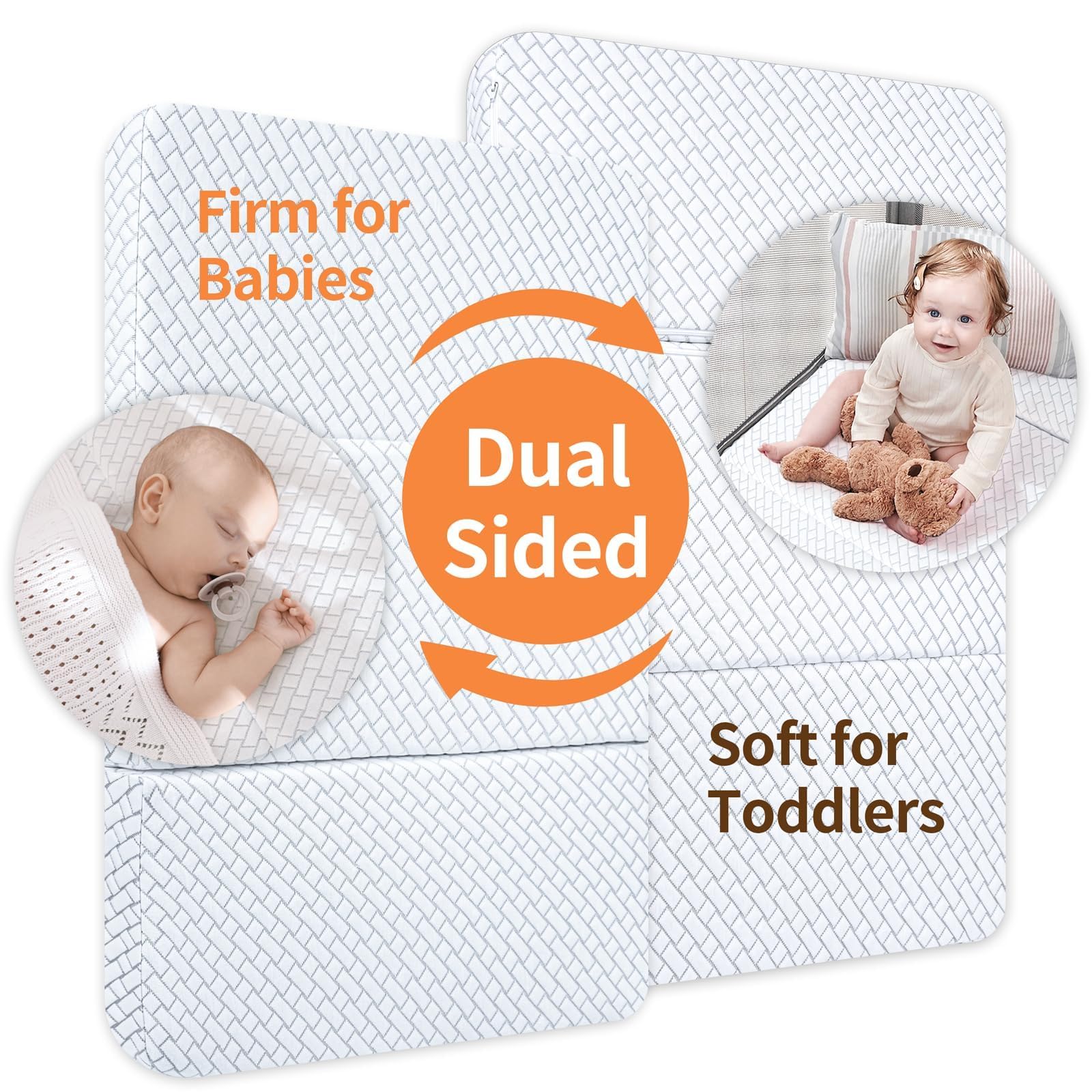 HREVAI Pack N Play Mattress dual-layer foam highlights cooling foam for kid-friendly nights.