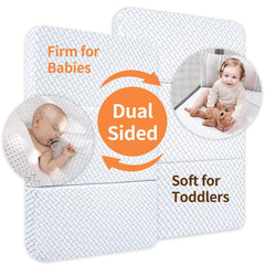 HREVAI Pack N Play Mattress dual-layer foam highlights cooling foam for kid-friendly nights.