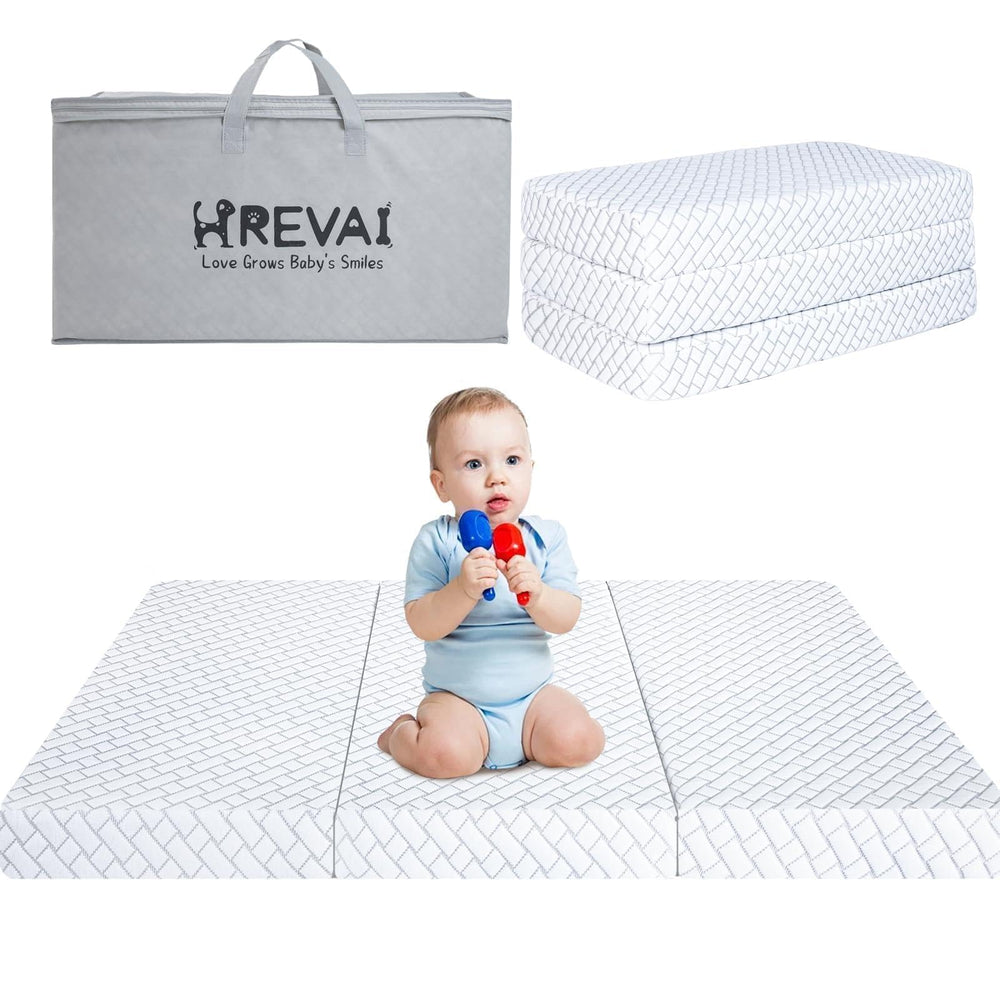 HREVAI Pack and Play Mattress folded for travel, compact and easily portable.