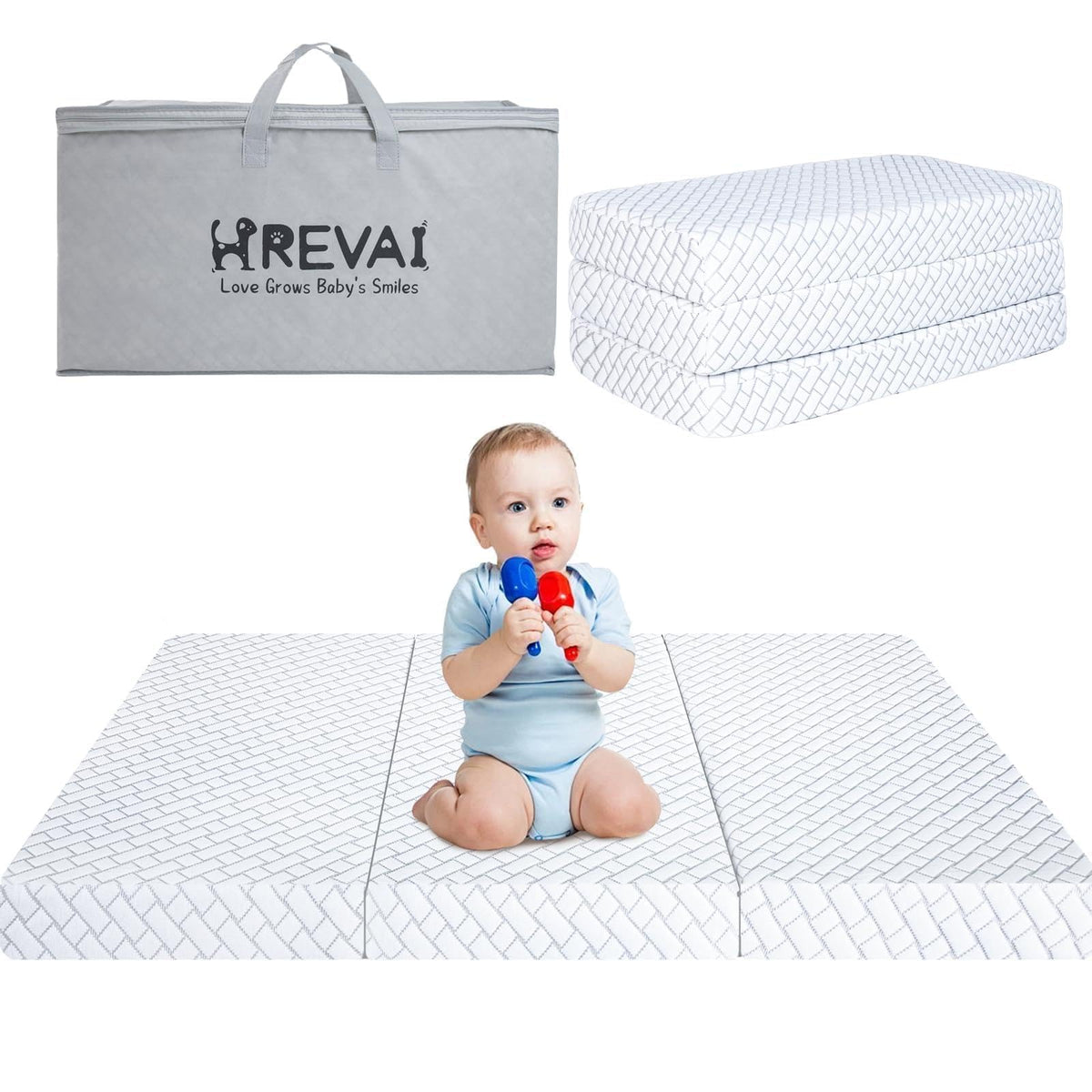 HREVAI Pack and Play Mattress folded for travel, compact and easily portable.