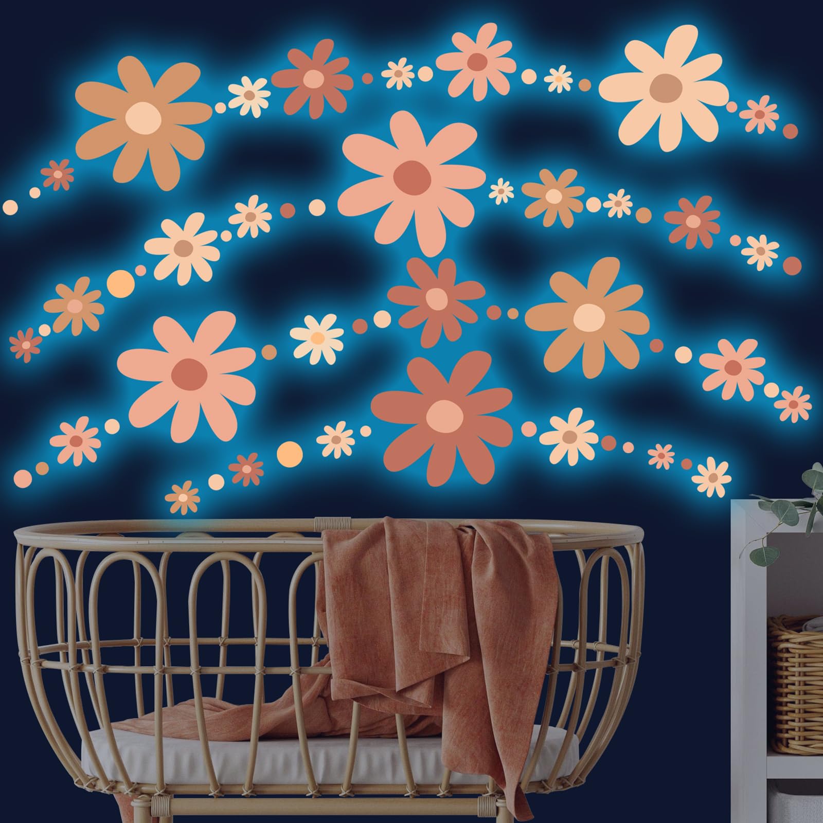 HSDSH daisy wall decal ceiling-application creates a soft nightlight effect.