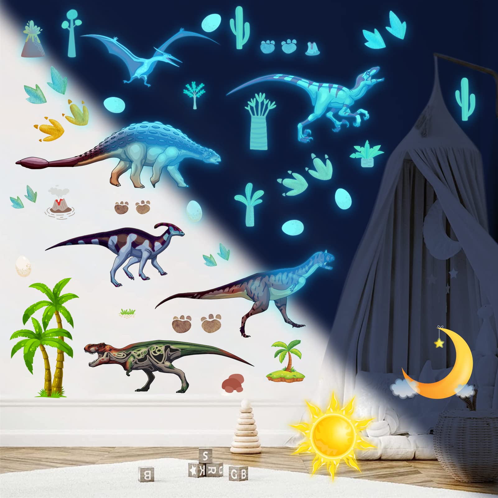 HSDSH dinosaur wall decals enhance kid's room ambiance with luminous dinosaur shapes.