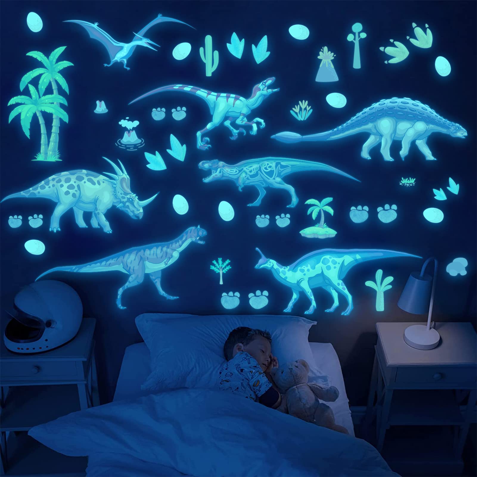 HSDSH glow dinosaur wall stickers on ceiling create a cozy bedtime glow.