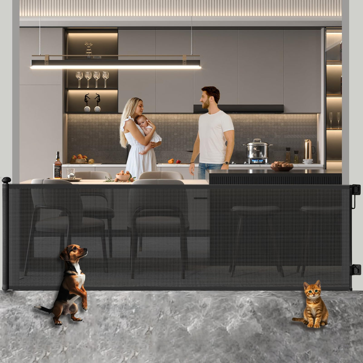 Huafly 71-inch retractable gate extended for wide doorways, safe play area.