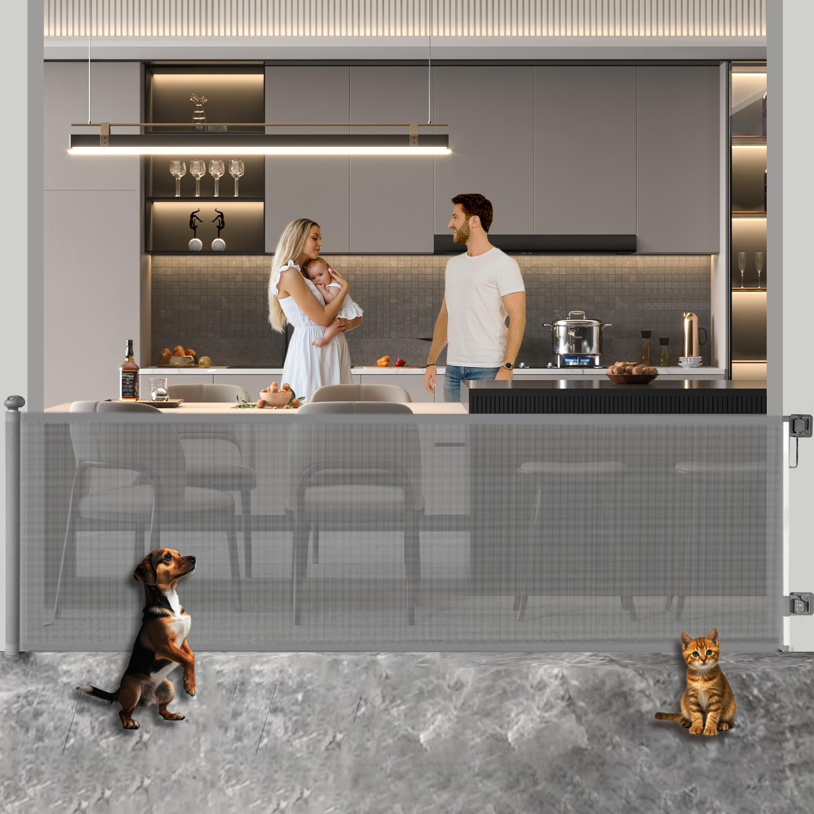 Huafly 98-inch retractable gate extended width for wide doorways and play areas.