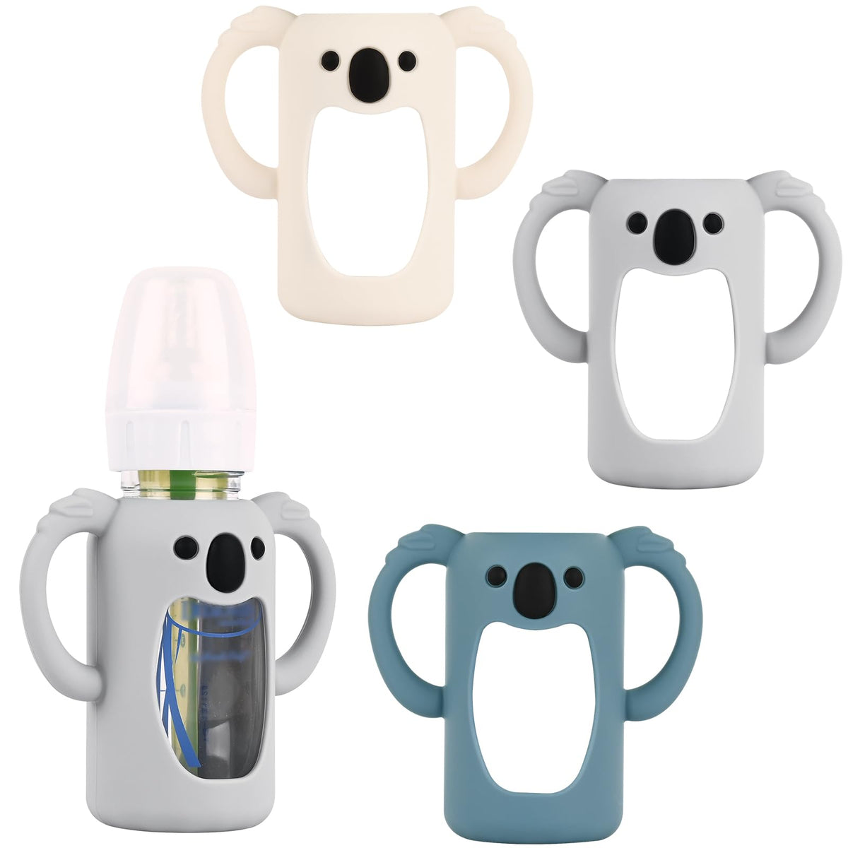HUAKENER 3-pack silicone sleeves in grey, blue, and cream with a secure grip for glass bottles.