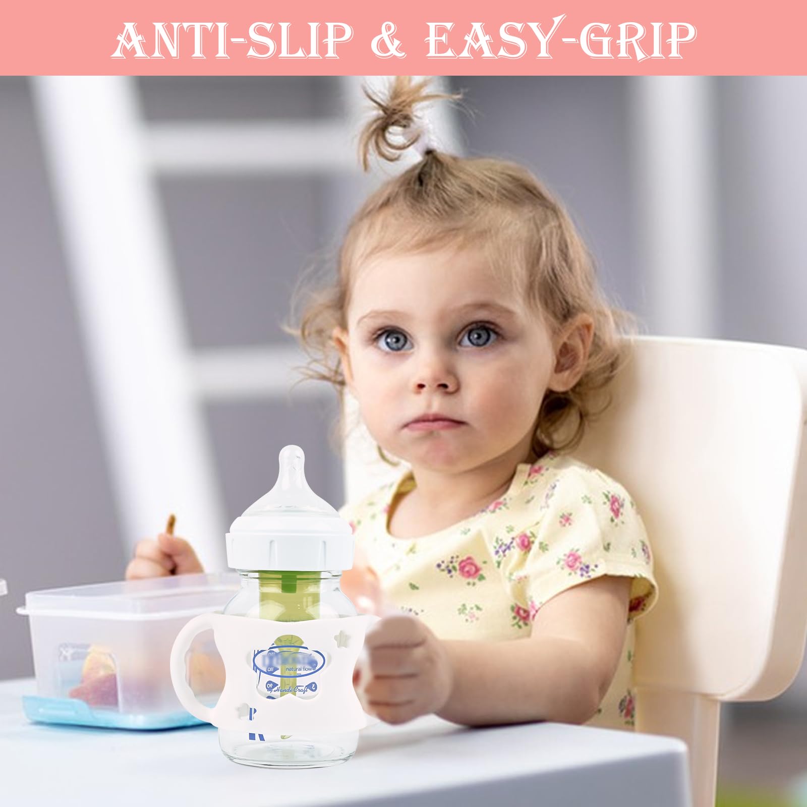 HUAKENER baby bottle handles in pink with ergonomic grip for gentle learning and grip.