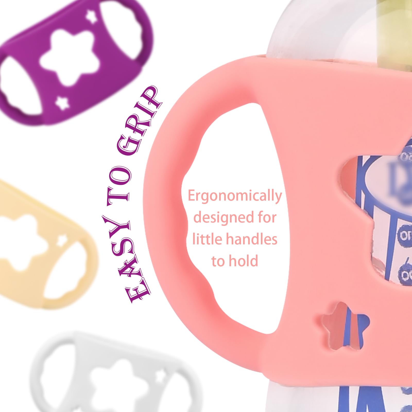 HUAKENER baby bottle handles in purple with ergonomic grip for coordinated feeding practice.