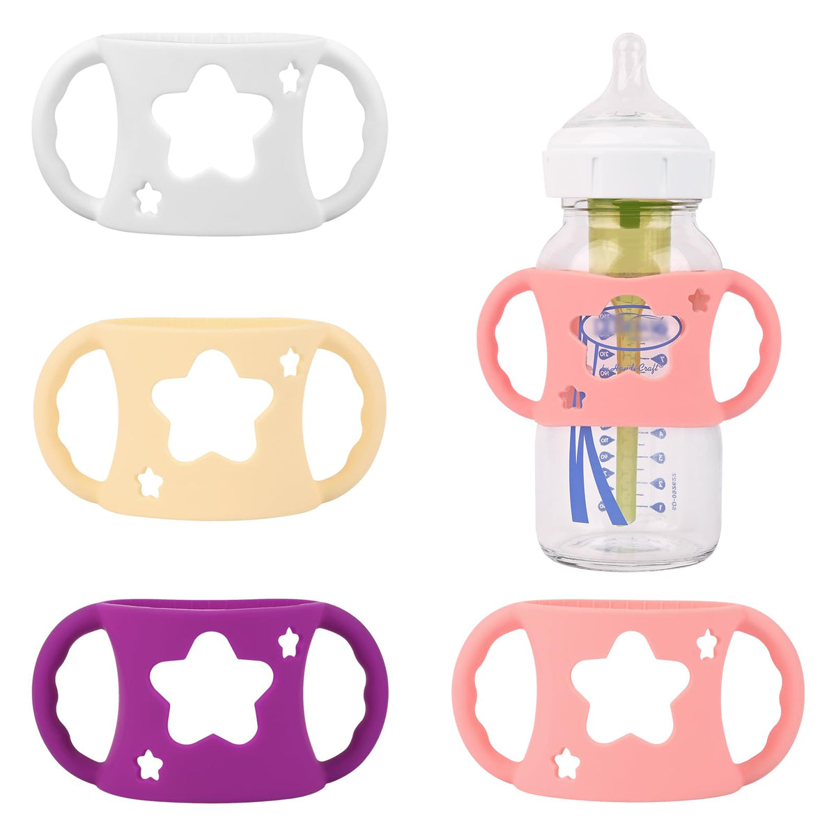 HUAKENER baby bottle handles in white with ergonomic grip for easy self-feeding practice.