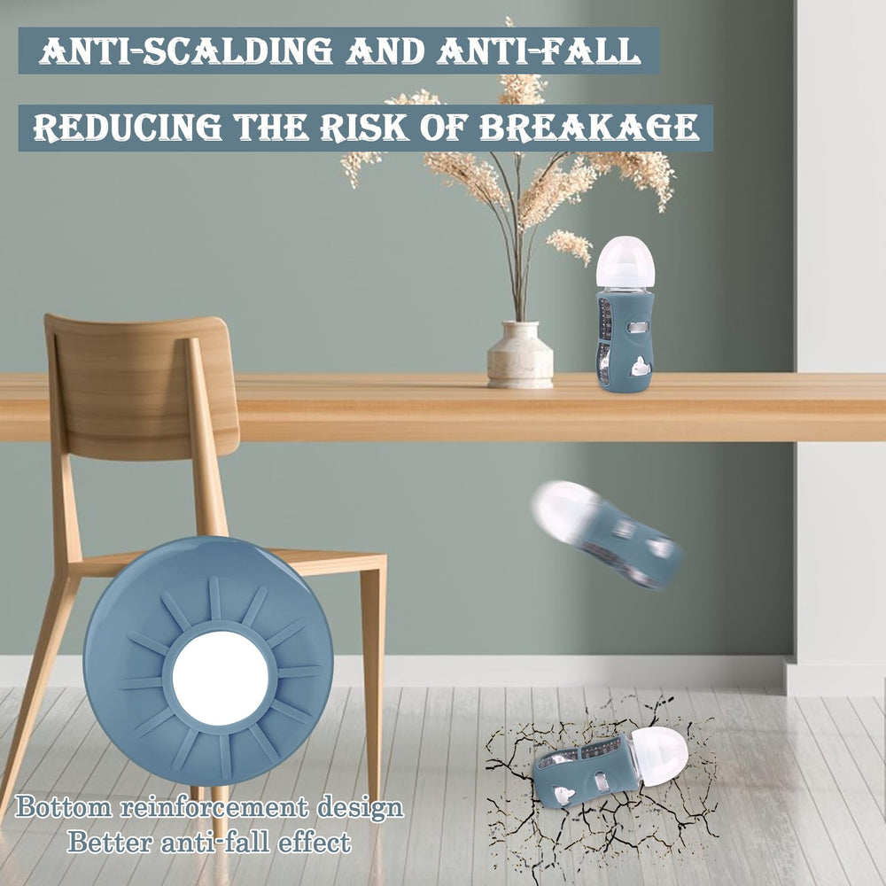 HUAKENER silicone sleeve in dark blue on Avent bottle improves handling during feeds.