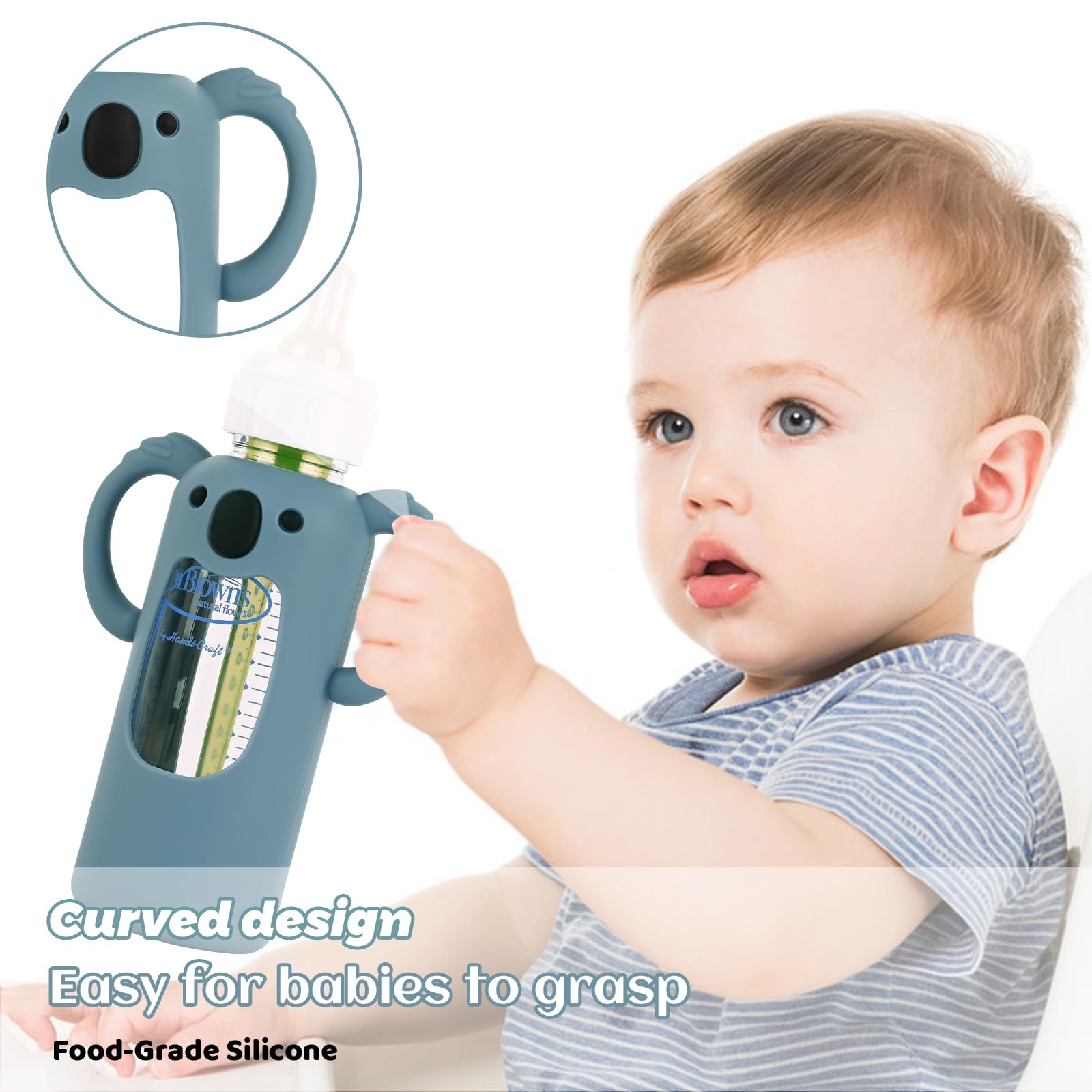 HUAKENER silicone sleeve on Dr Brown's 8 oz bottle—improved grip for easier feeding.