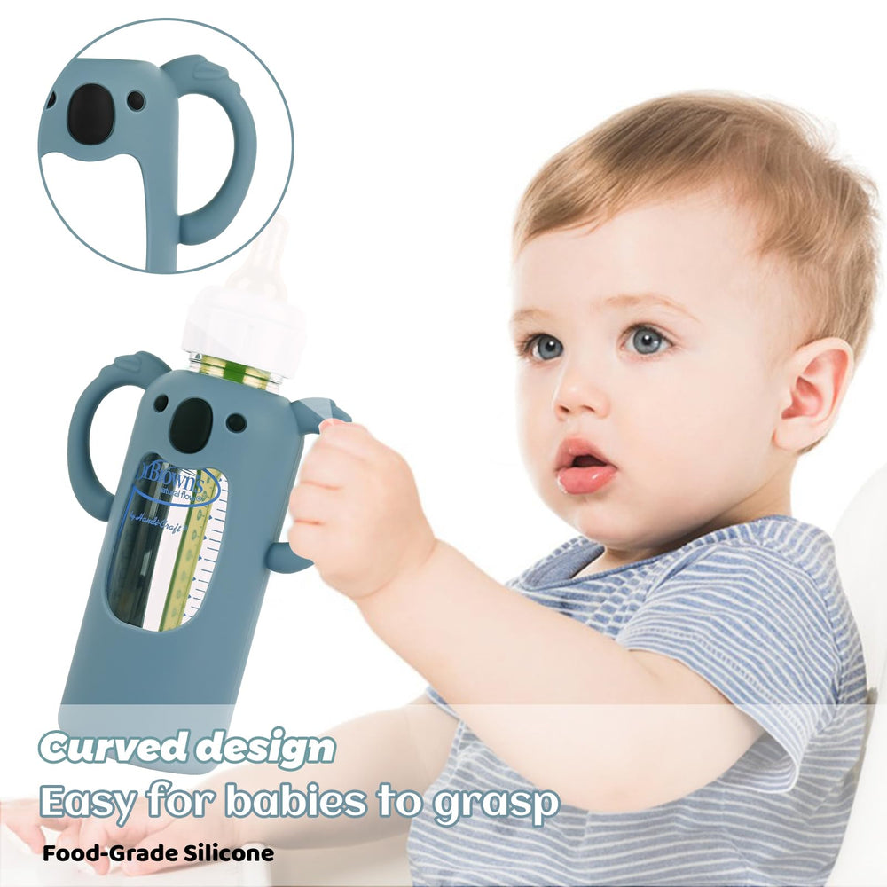 HUAKENER silicone sleeve on Dr Brown's 8 oz bottle—improved grip for easier feeding.