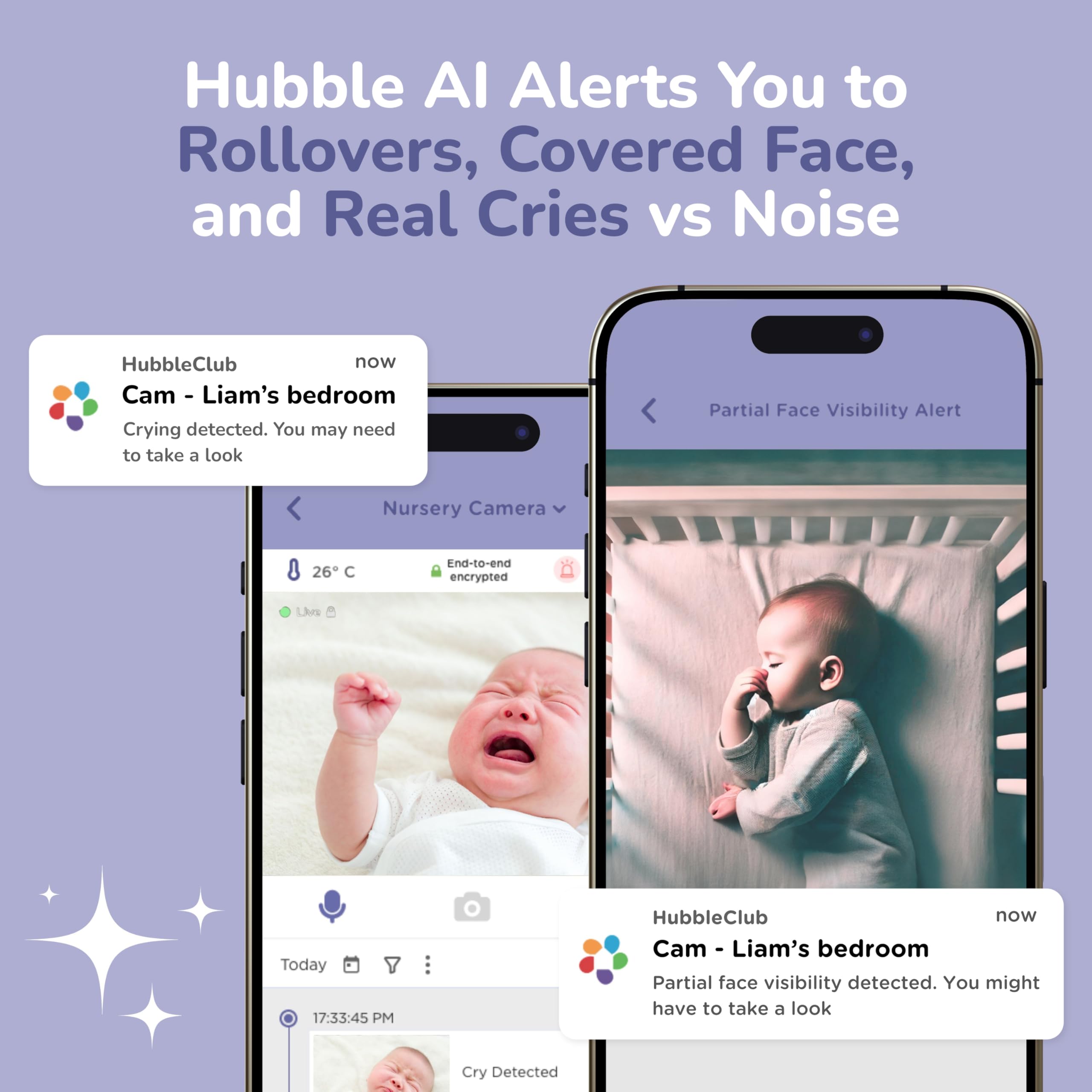 HUBBLE CONNECTED GoBaby AI Camera detects covered faces for safer monitoring.
