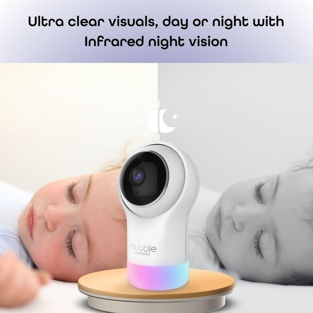 Hubble Connected Nursery Pal Glow infrared night vision for clear feeds in darkness.