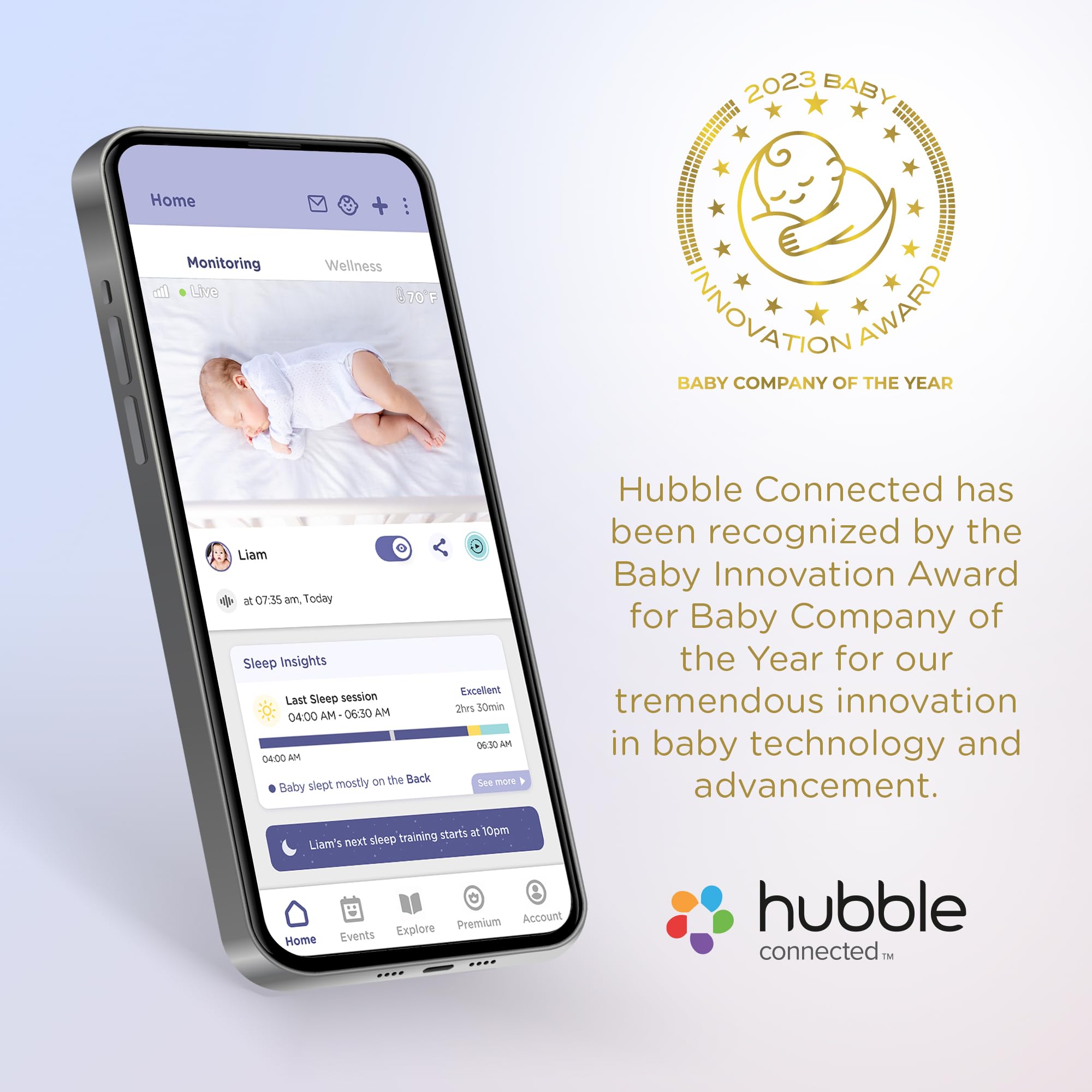 HUBBLE CONNECTED Growth tracker UI displaying milestones and feeding patterns