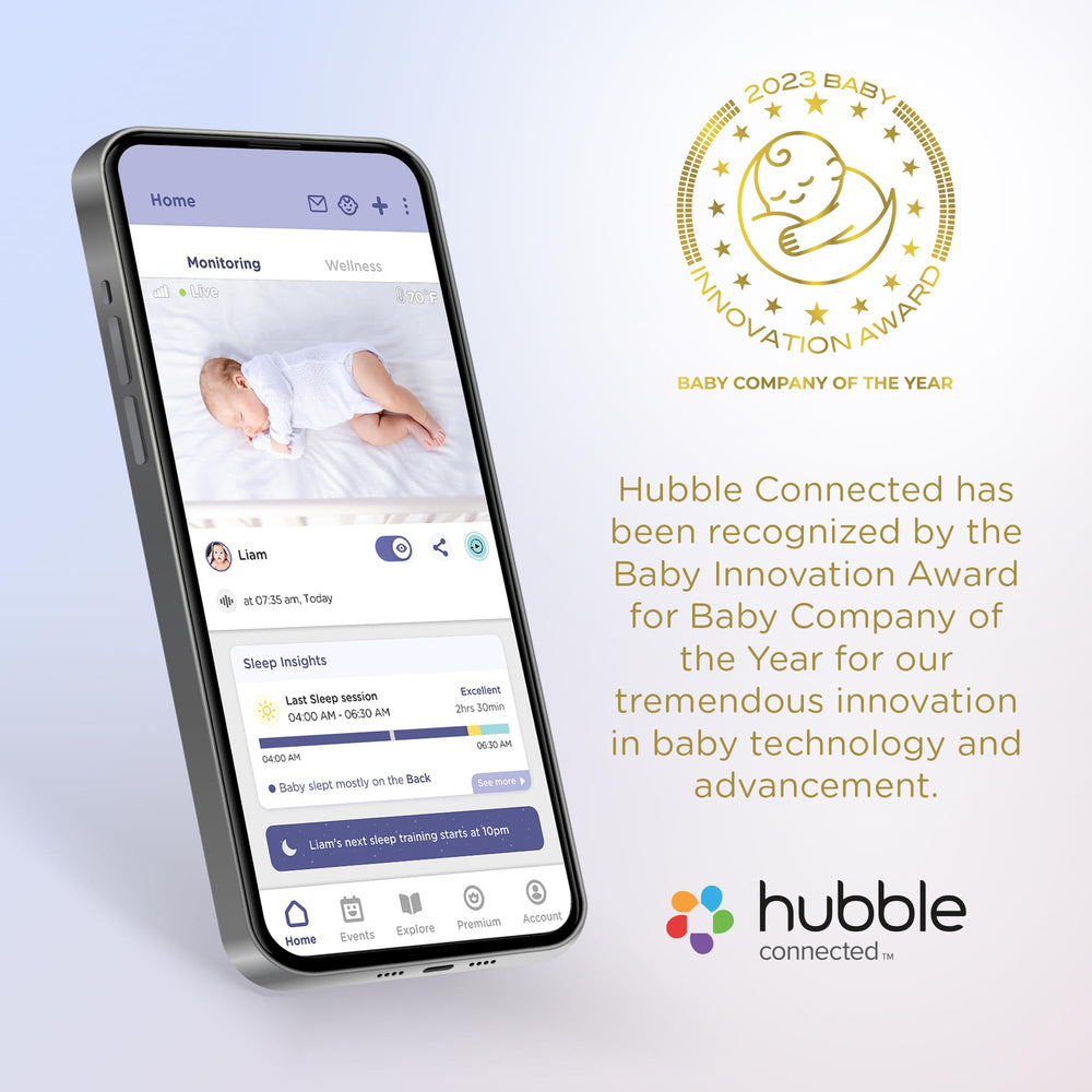 HUBBLE CONNECTED Growth tracker UI displaying milestones and feeding patterns
