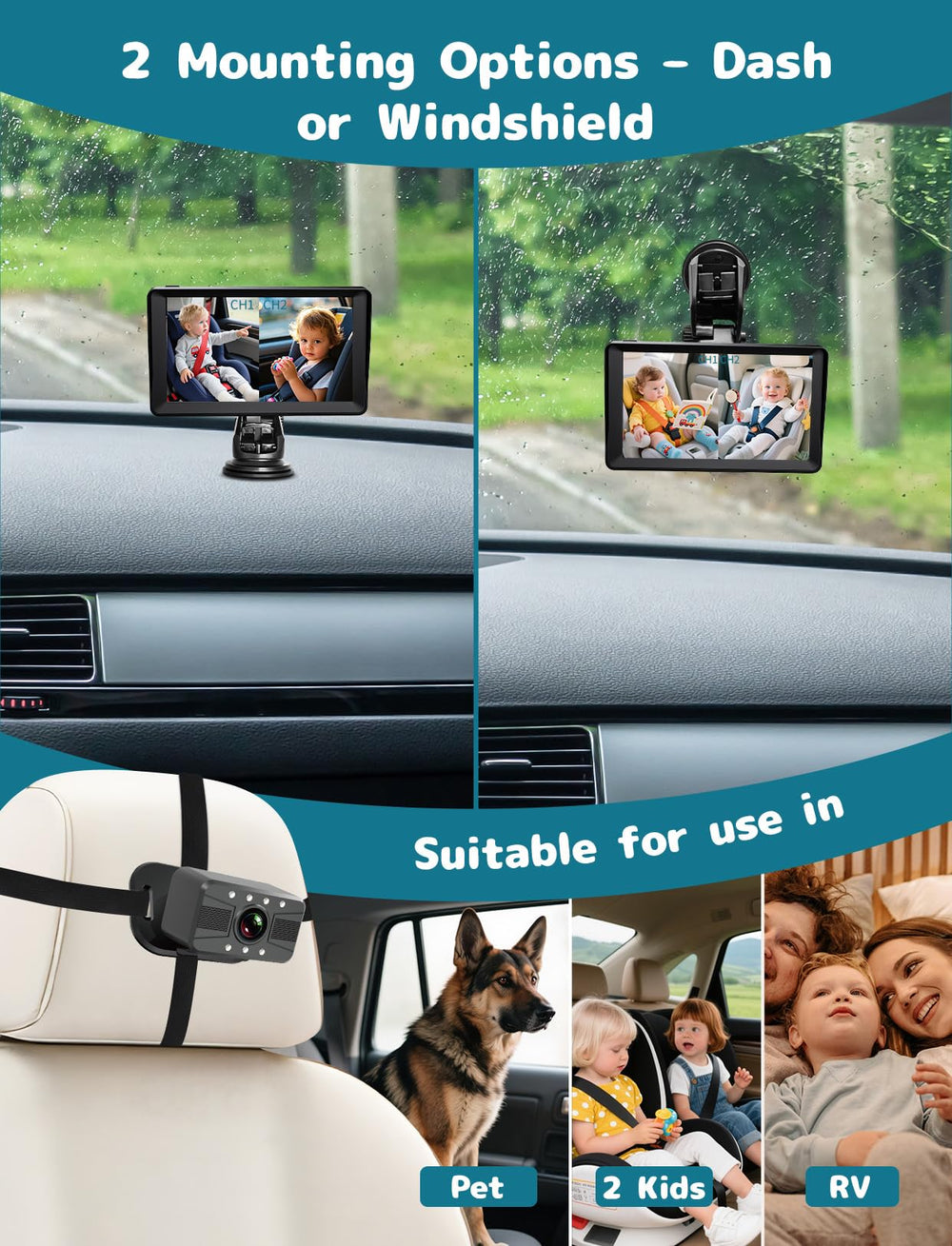 HUBOOK 360-degree lenses allow adjustable angles for best back-seat view
