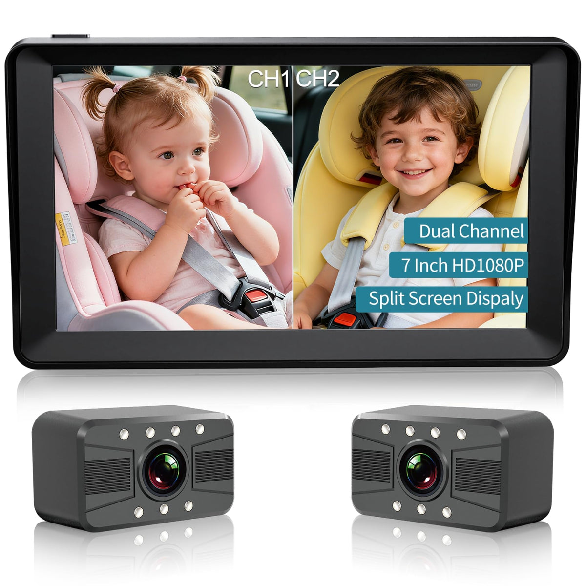 HUBOOK Baby Car Camera 7-inch display for clear in-car viewing of two kids