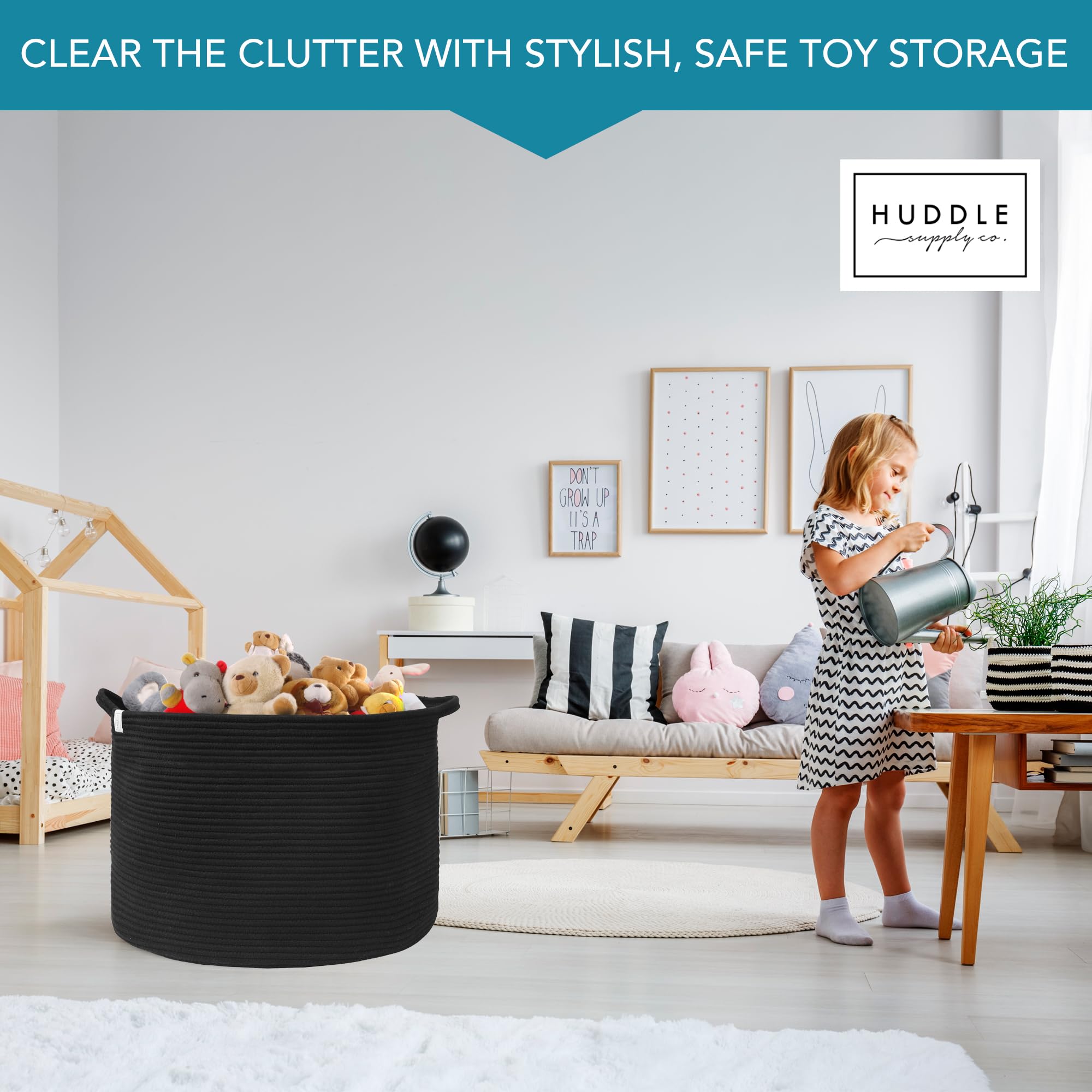 Huddle Supply Co large black basket handle detail for easy carrying