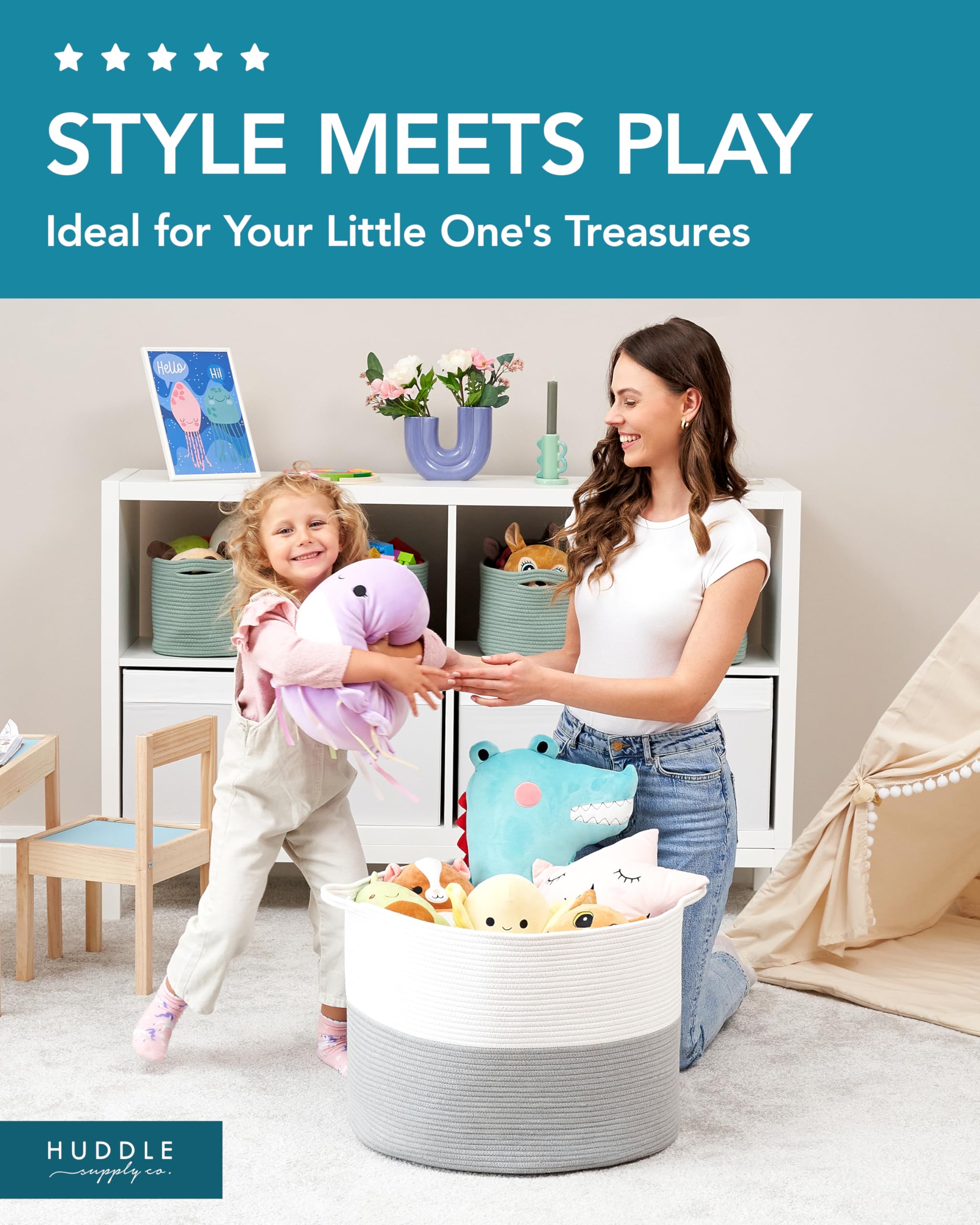 Huddle Supply Co XXXXL basket in living room adds stylish organization