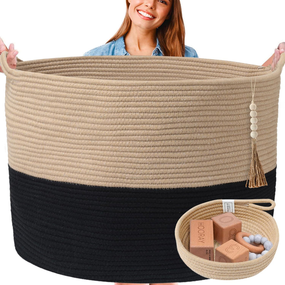 Huddle Supply Co XXXXL blanket basket in black and brown stores blankets neatly for tidy living space.