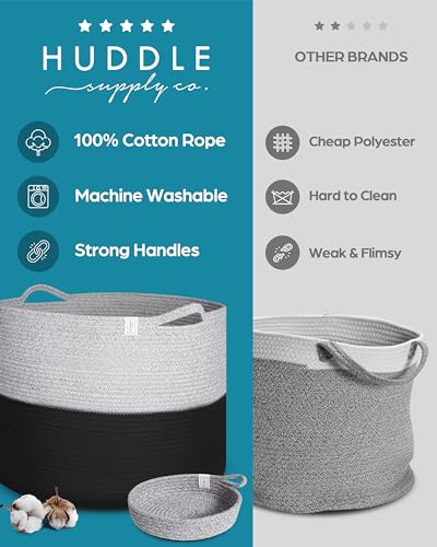 Huddle Supply Co XXXXL basket with handles demonstrates easy transport between rooms.