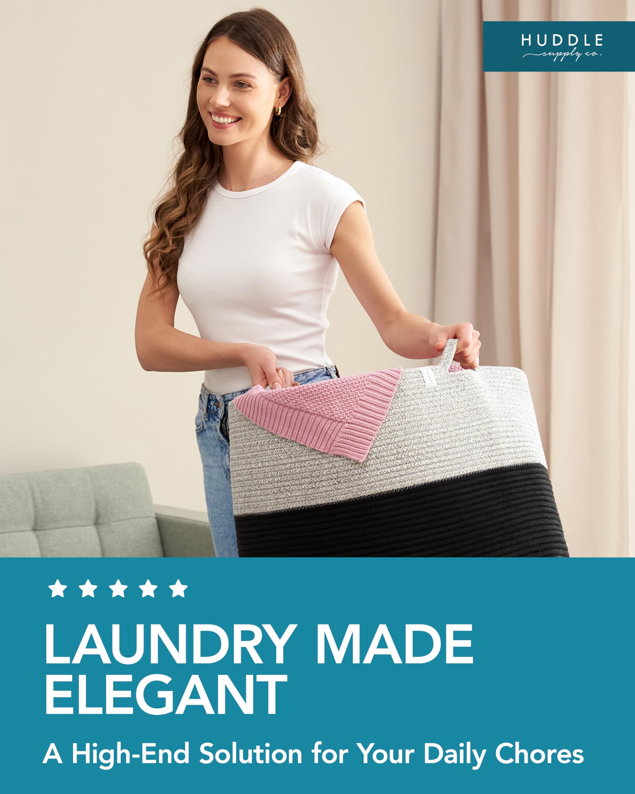 Huddle Supply Co XXXXL basket in laundry scene emphasizes machine washable design.