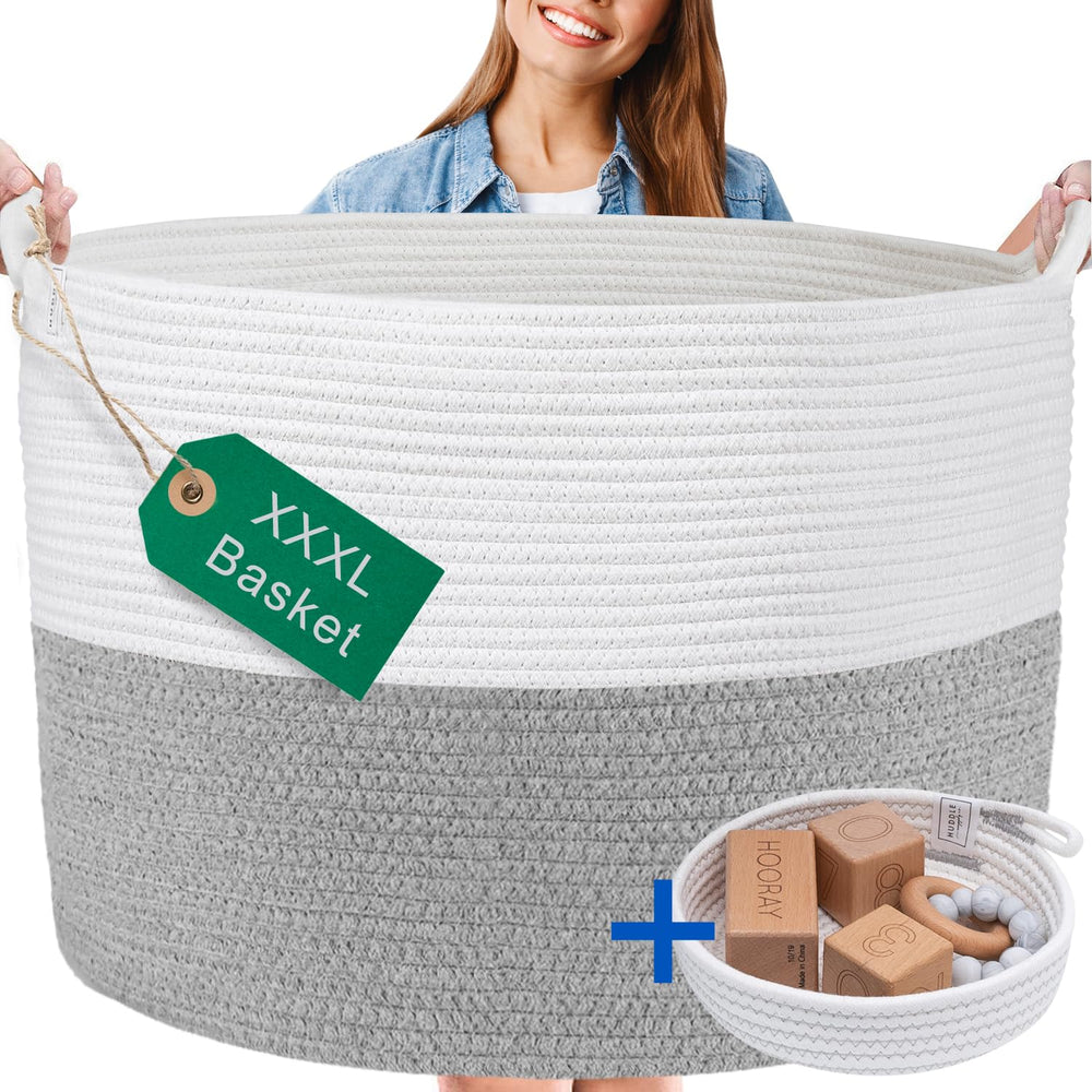Huddle Supply Co XXXL washable blanket basket front view highlights spacious 85L storage for blankets and easy organization