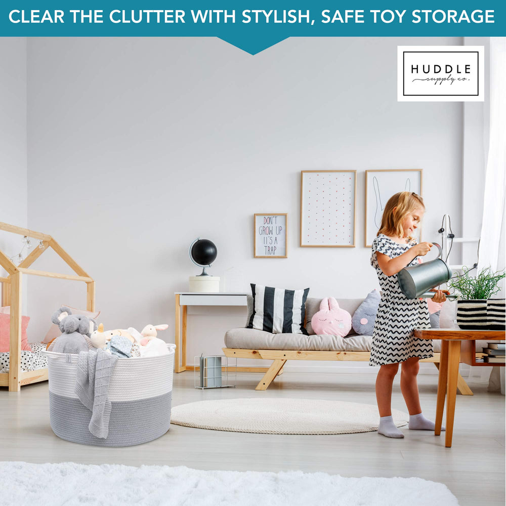 Huddle Supply Co XXXL washable basket shown with laundry use-case proves easy machine-wash cleaning