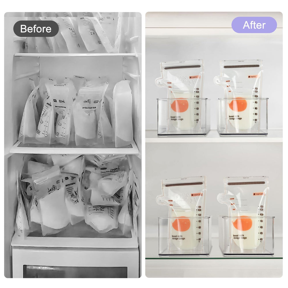 Hudgan four-piece storage container in fridge keeps milk bags tidy and accessible.