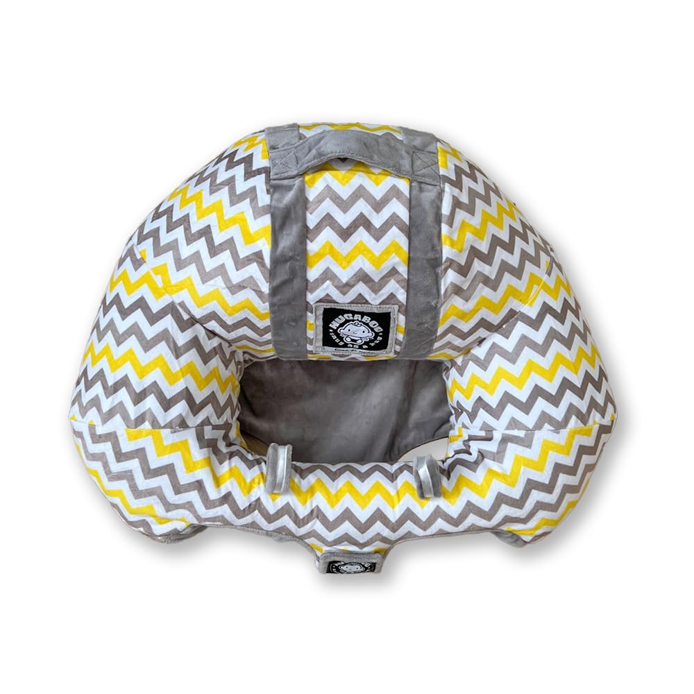 Hugaboo Original Infant Sitting Chair Yellow Chevron side view shows compact portable design for home or travel