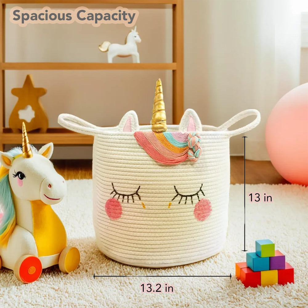 Hugaboom unicorn basket collapsible design for flexible storage when not in use.