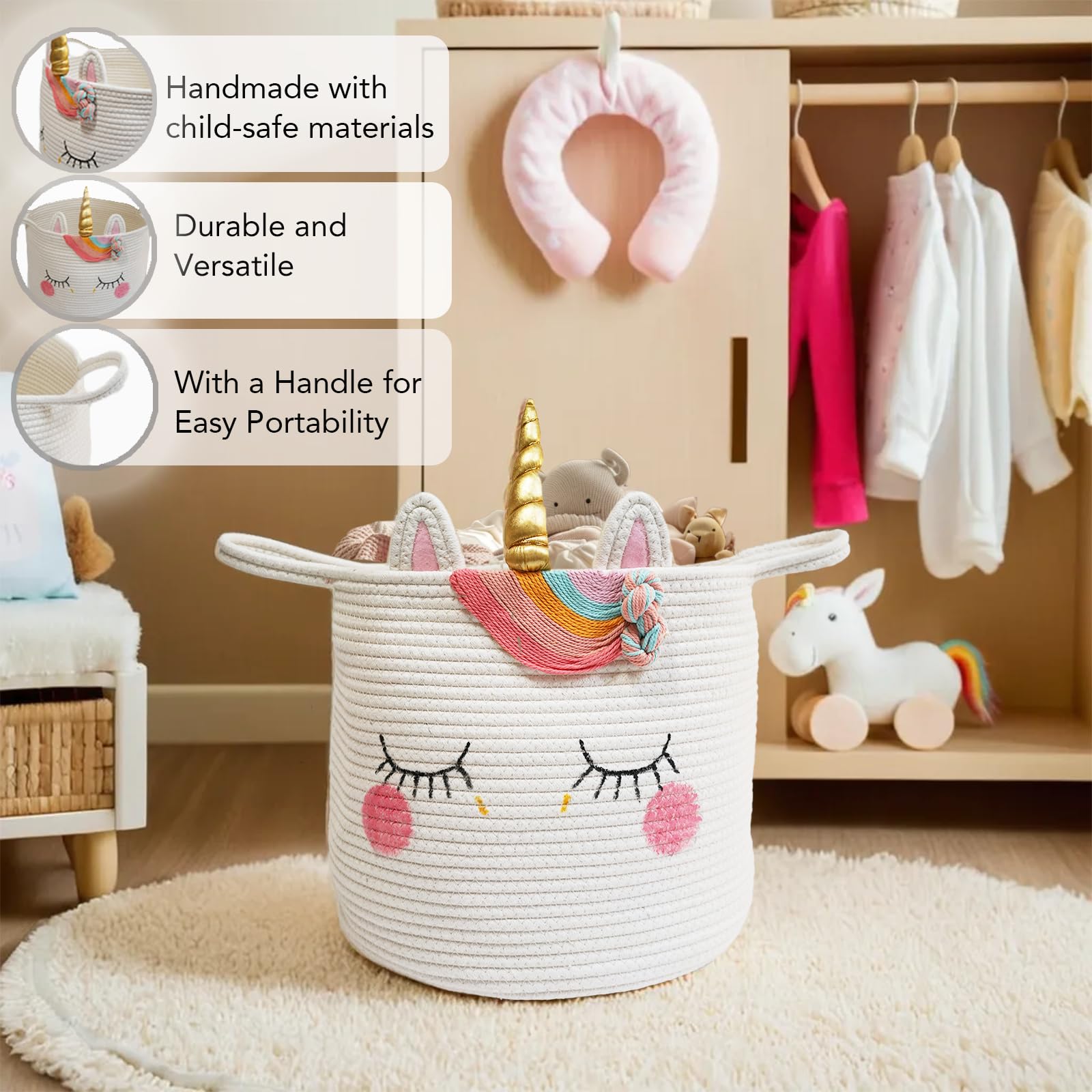 Hugaboom unicorn basket durable fabric for long-lasting organization in busy households.