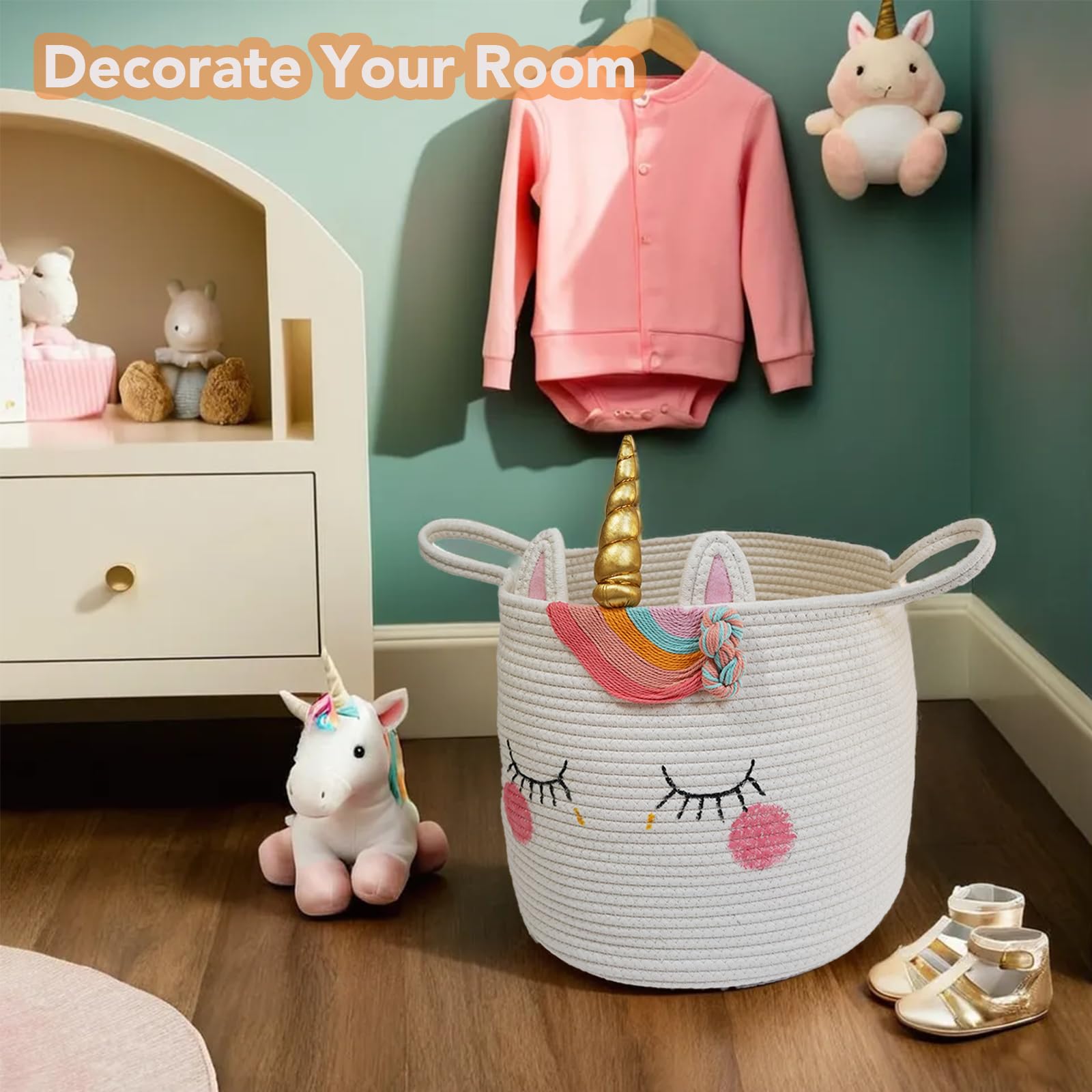 Hugaboom unicorn basket sturdy handles enable easy carrying from room to room.