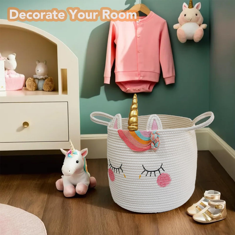 Hugaboom unicorn basket sturdy handles enable easy carrying from room to room.