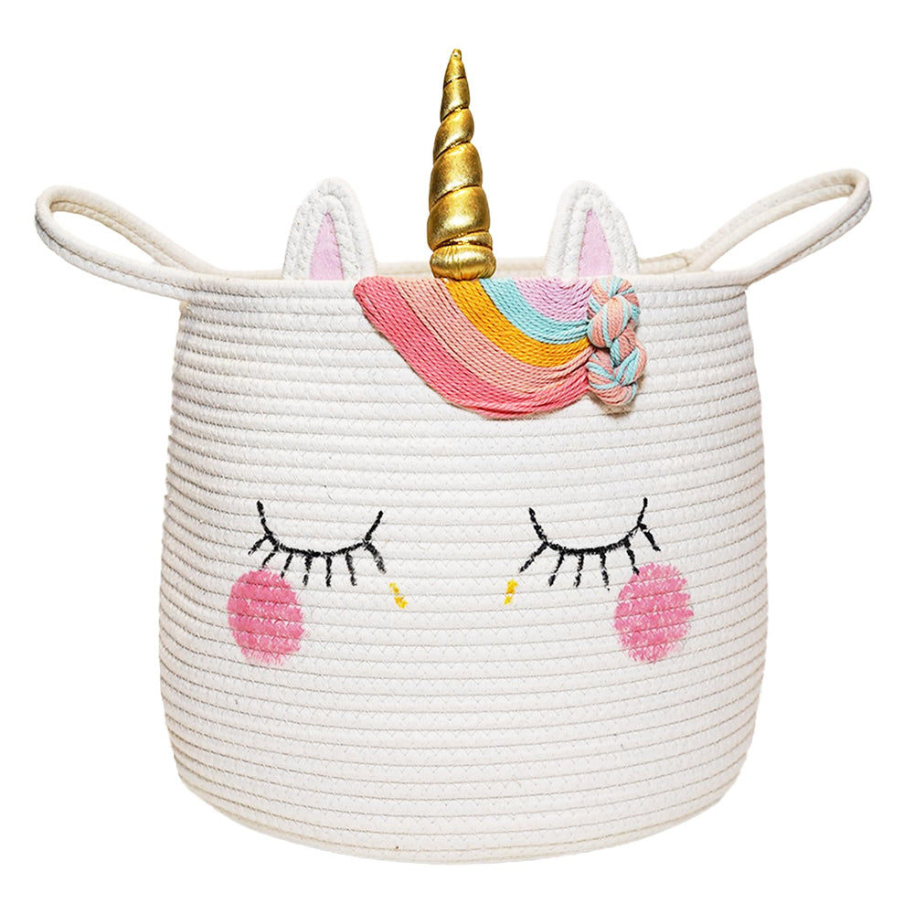 Hugaboom unicorn basket front view with handles for easy transport and tidy playroom storage.