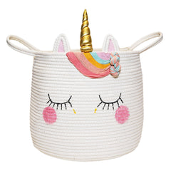 Hugaboom unicorn basket front view with handles for easy transport and tidy playroom storage.