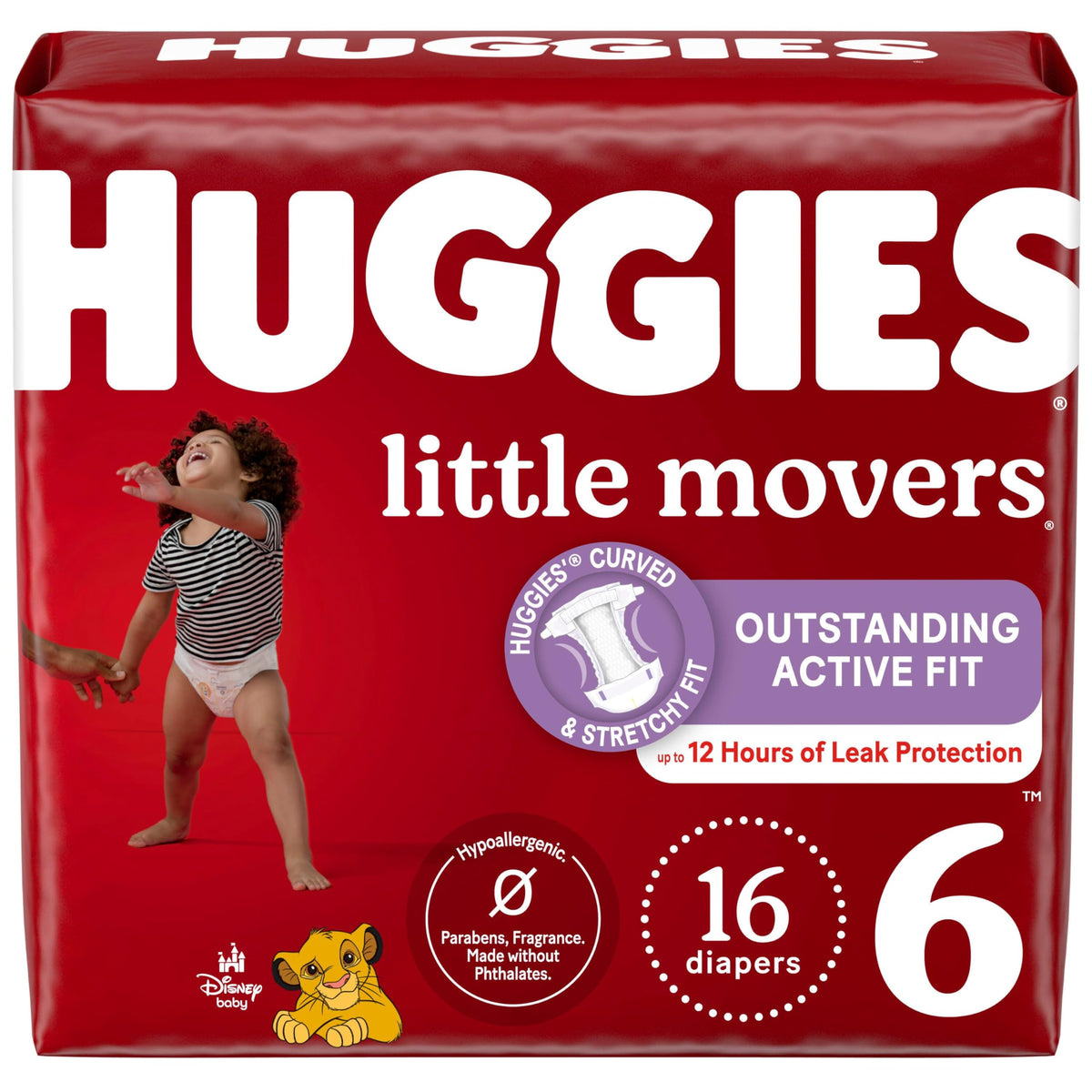 Huggies Little Movers curved-fit diaper showing secure leak protection during active play.