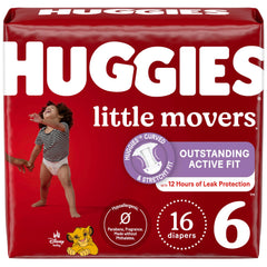 Huggies Little Movers curved-fit diaper showing secure leak protection during active play.