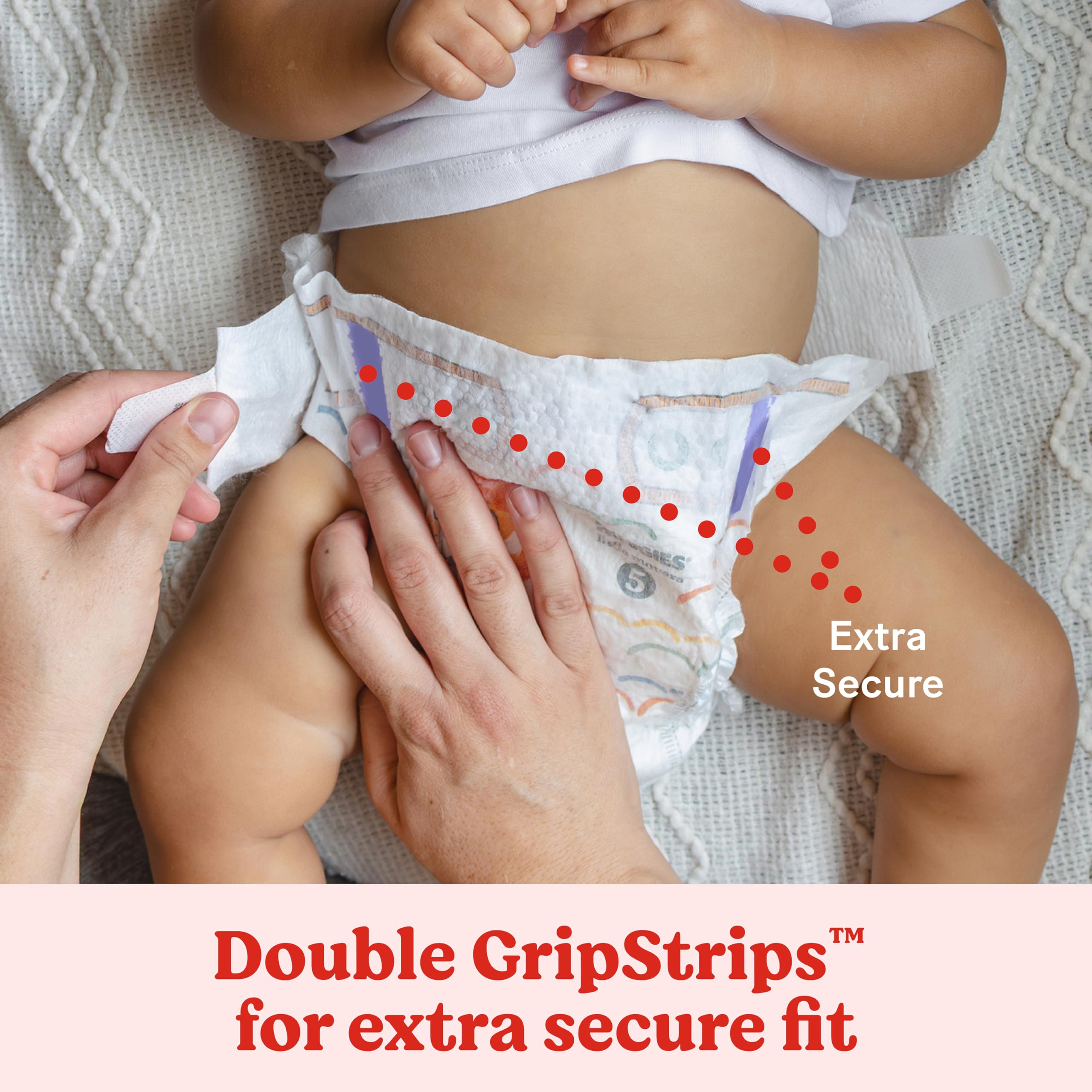 Huggies Little Movers diaper with double-grip-strips for a flexible, secure fit as toddlers move.