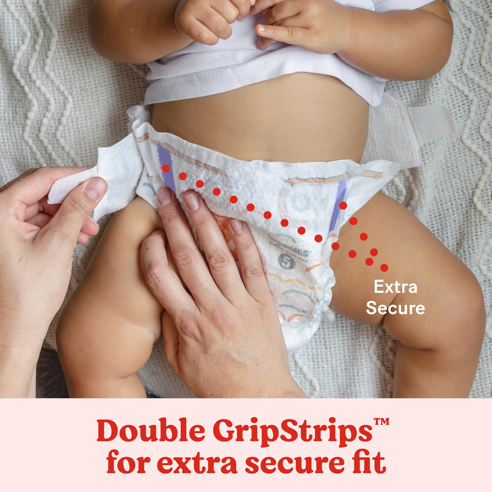 Huggies Little Movers diaper with double-grip-strips for a flexible, secure fit as toddlers move.