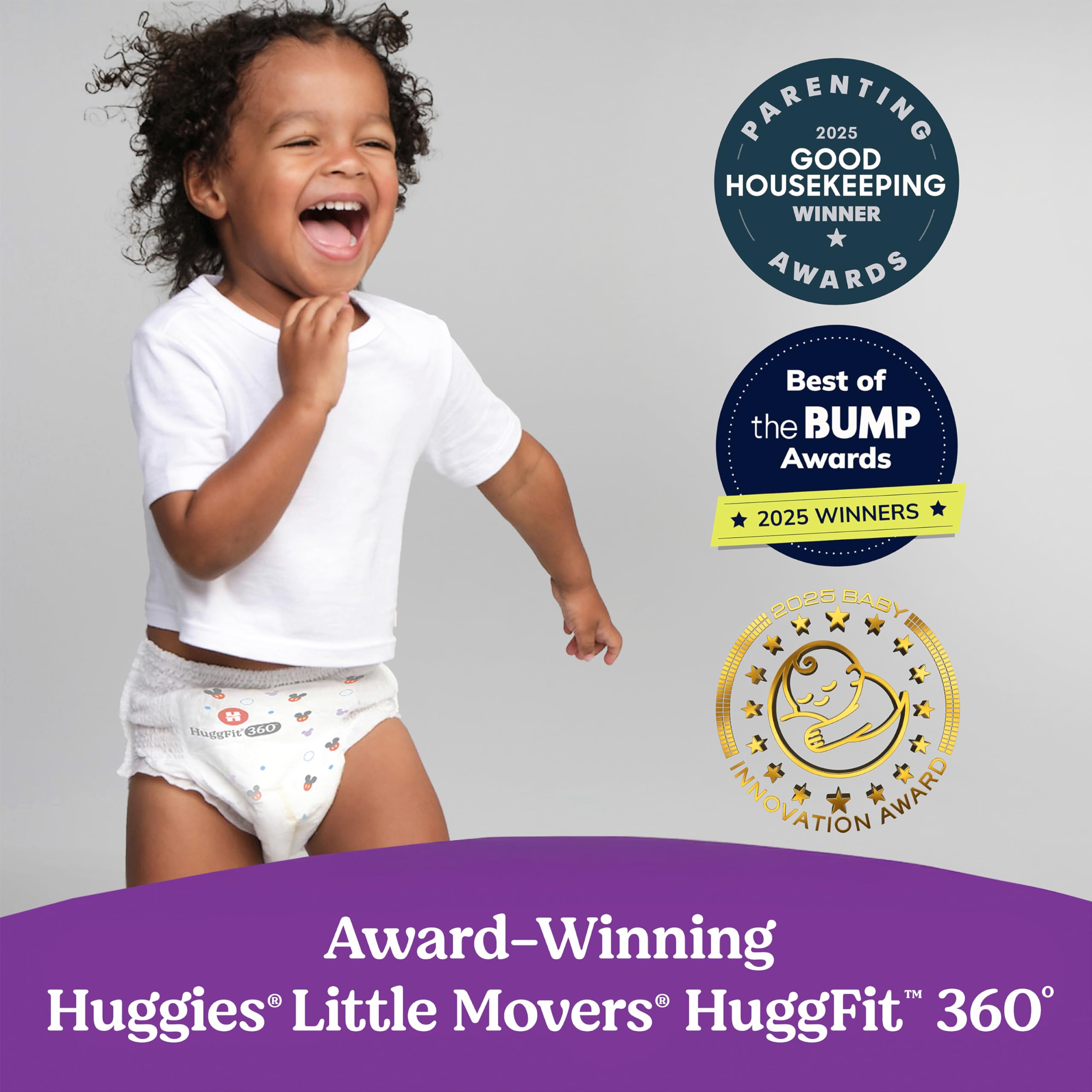 Huggies Little Movers HuggFit 360° extra butt coverage during movement.