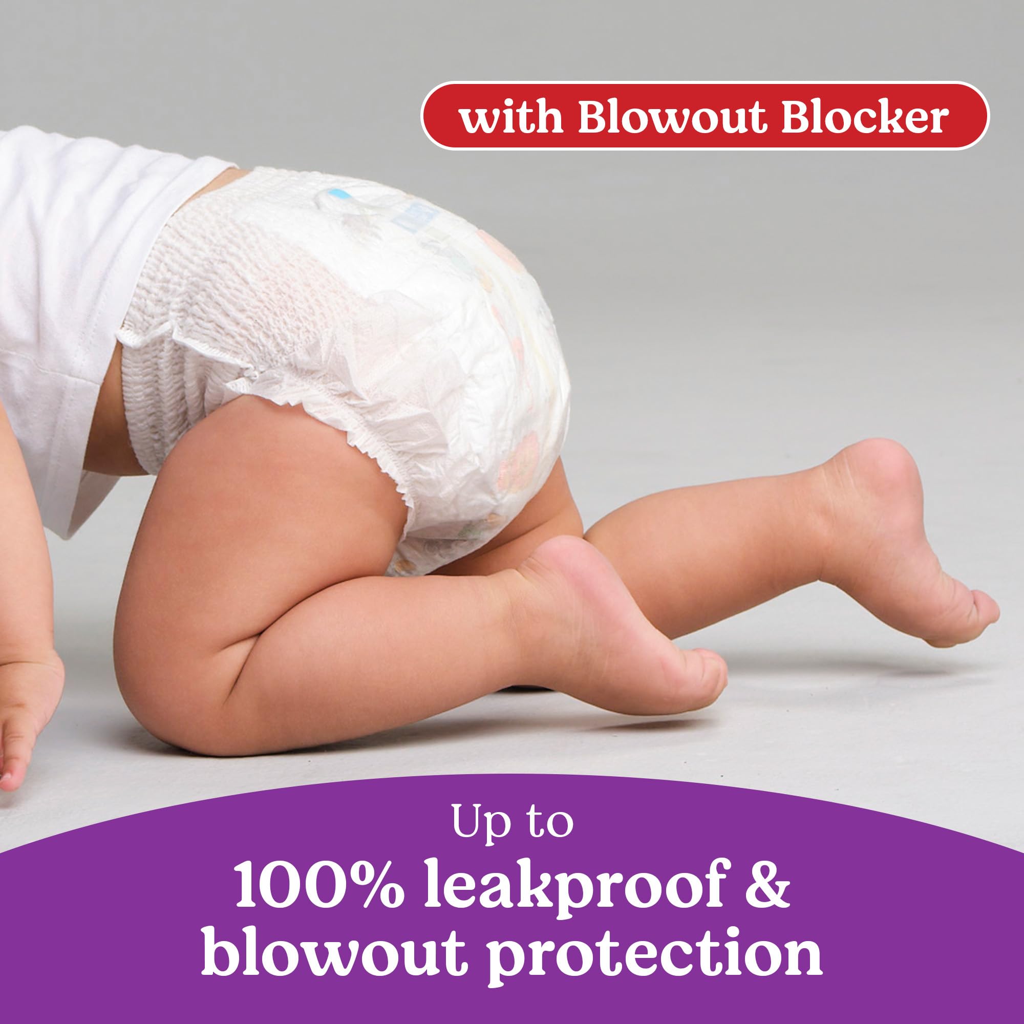 Huggies Little Movers HuggFit 360° hypoallergenic design with latex-free materials.