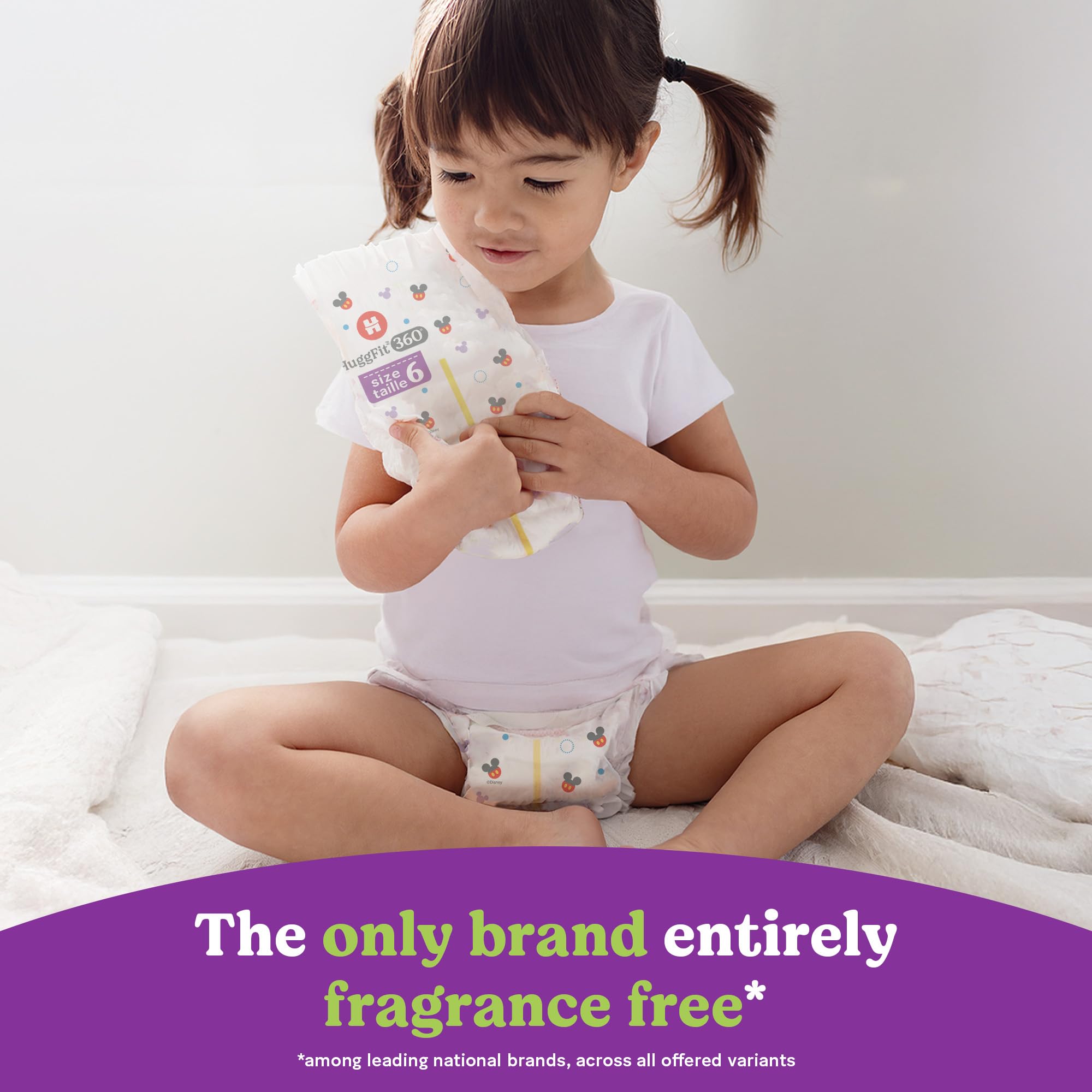 Huggies Little Movers HuggFit 360° pull-on design for quick diaper changes.