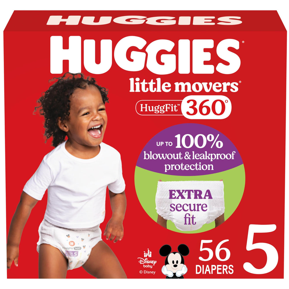 Huggies Little Movers HuggFit 360° diaper with waistband supports active playtime.